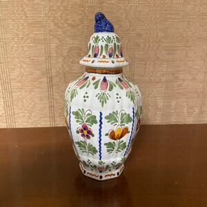Delft Hand Painted Lidded Vase Ginger Jar with Lion Finial Dutch Floral